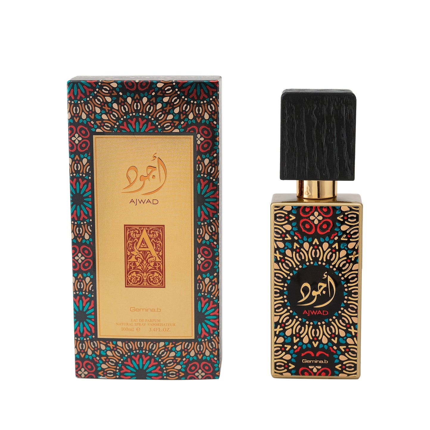 Perfume bottle and packaging with decorative patterns and 'Aijwad' branding on a white background