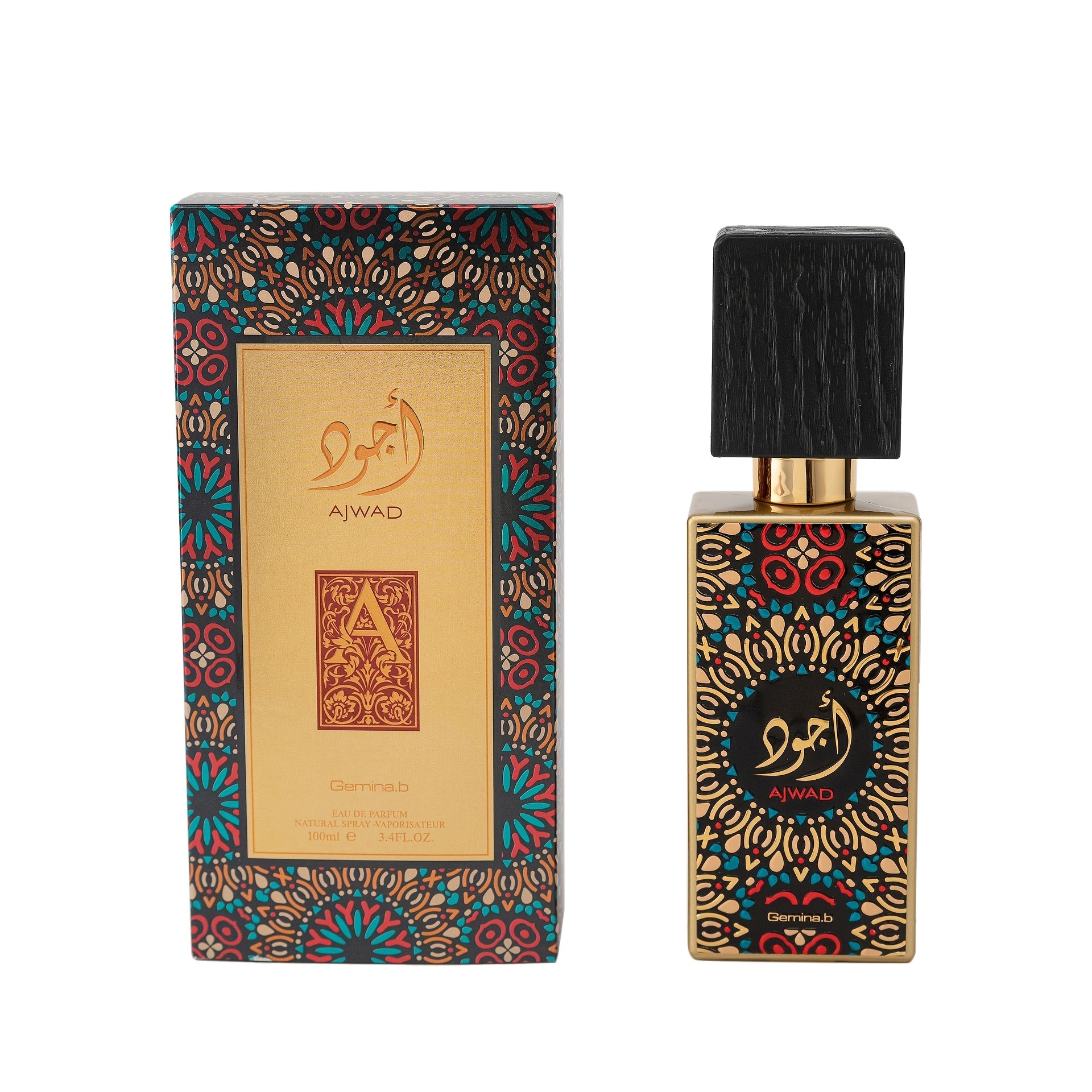 Perfume bottle and packaging with decorative patterns and 'Aijwad' branding on a white background