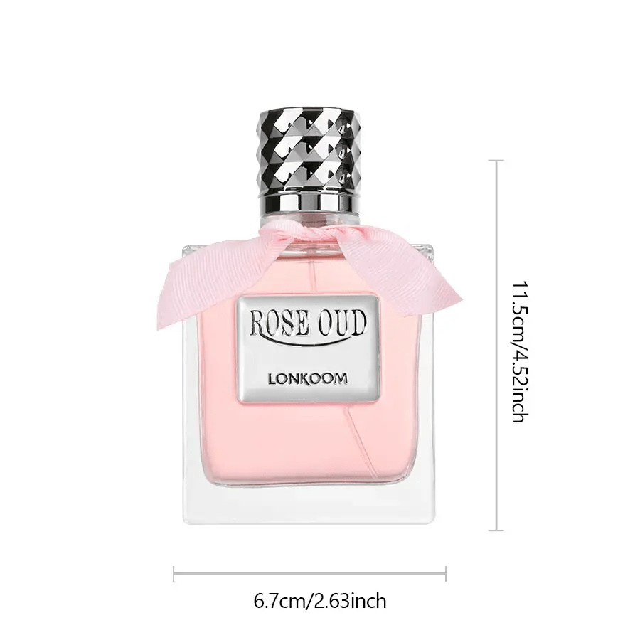 Perfume bottle labeled 'Rose Oud' by LONKOOM with dimensions displayed.
