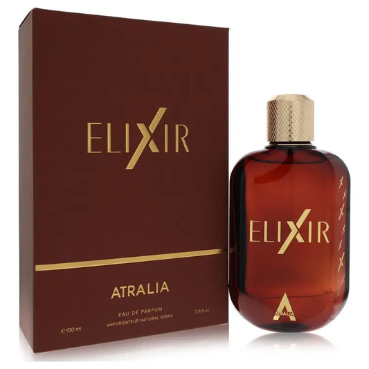 Atralia Elixir Eau De Parfum 3.4 oz bottle and packaging, featuring floral coconut and rose scents.