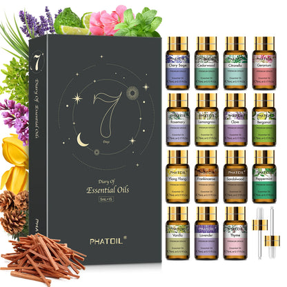 PHATOIL 15pcs Aromatherapy Essential Oil Set For Diffuser Candle Making-5ml Vanilla Frankincense Bergamot Sandalwood Cedarwood