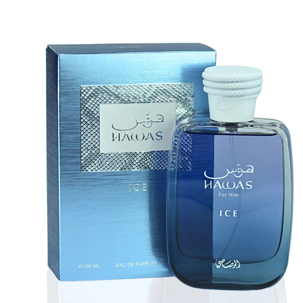 Blue HAWAS perfume bottle and packaging on a white background