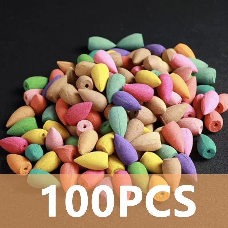 Backward Incense – 100PCS colorful backflow incense cones for aromatherapy and purification.