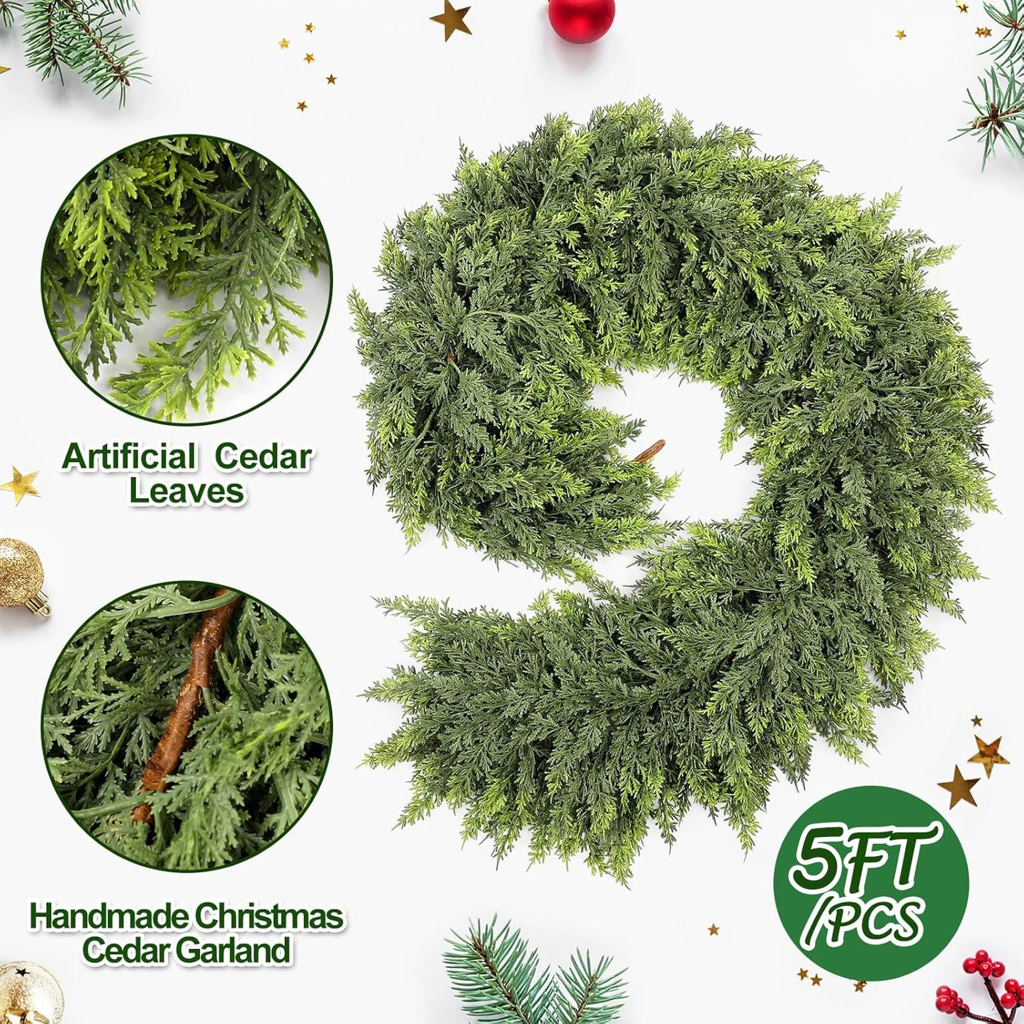6ft Christmas Cedar Garland Artificial Green Cedar Garland Faux Cedar Pine Garland for Home Fireplace Indoor Outdoor Party Decor