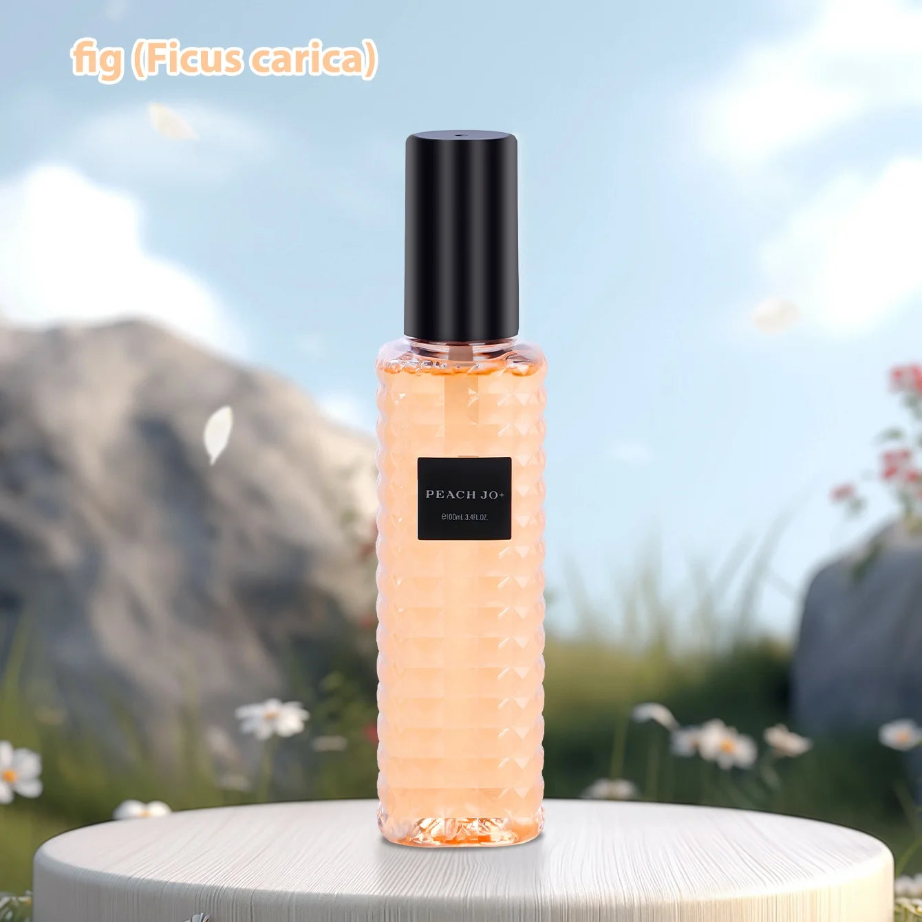 Peach-scented bottle on a white surface with a blurred natural background