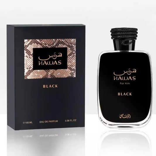 Hawas Black perfume bottle and packaging on a white background