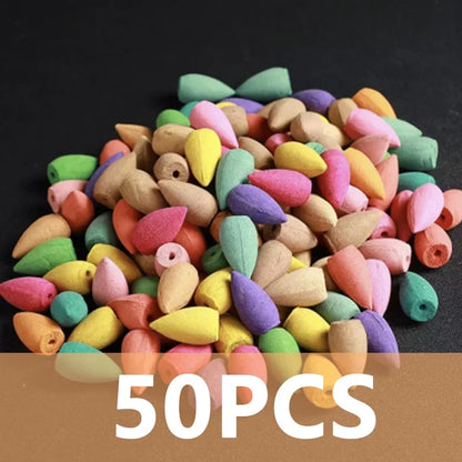 Colorful backflow incense cones, 50PCS, ideal for aromatherapy and good luck purification.