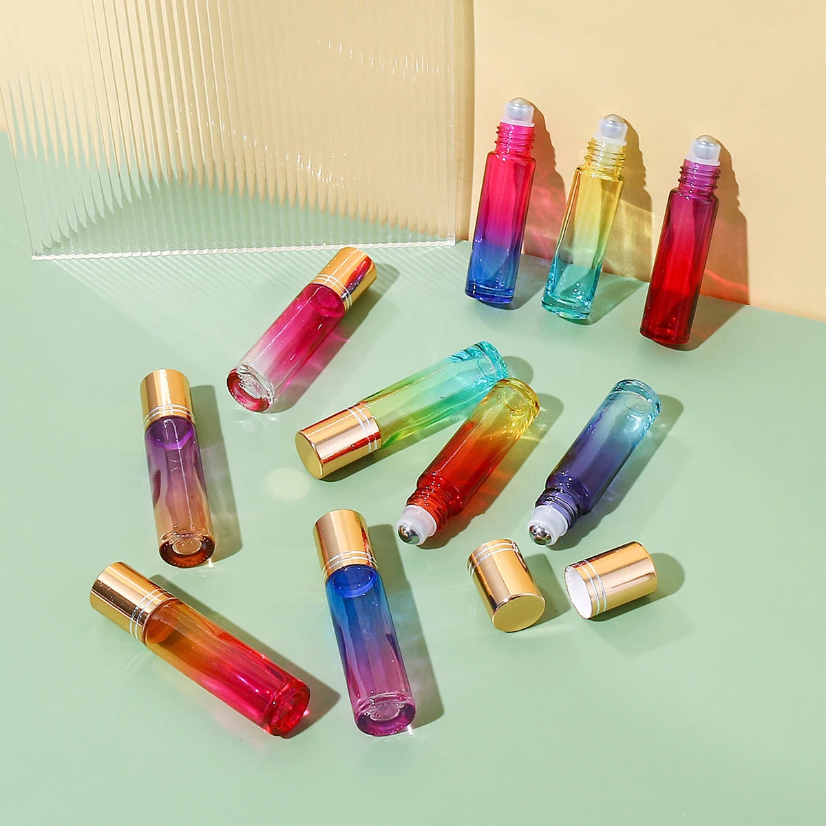 10pcs 10ml Gradient Color Refillable Glass Essential Oil Roller Bot...