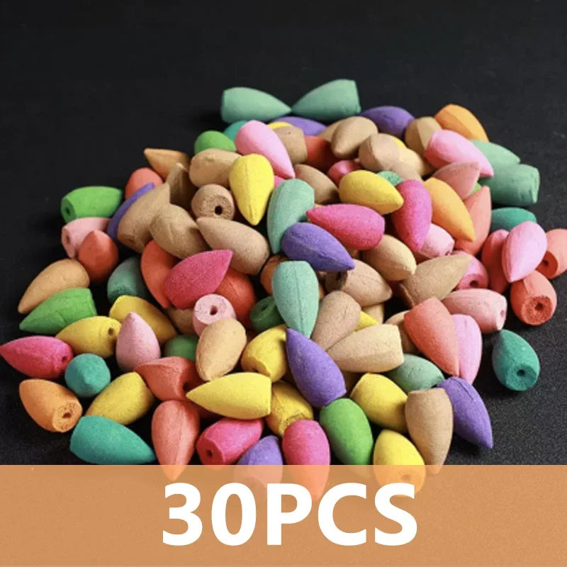 Backward Incense - 30PCS of colorful backflow incense cones for aromatherapy and purification.