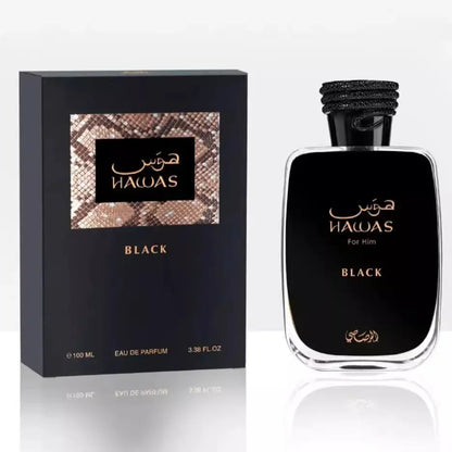Hawas Black perfume bottle and packaging on a white background
