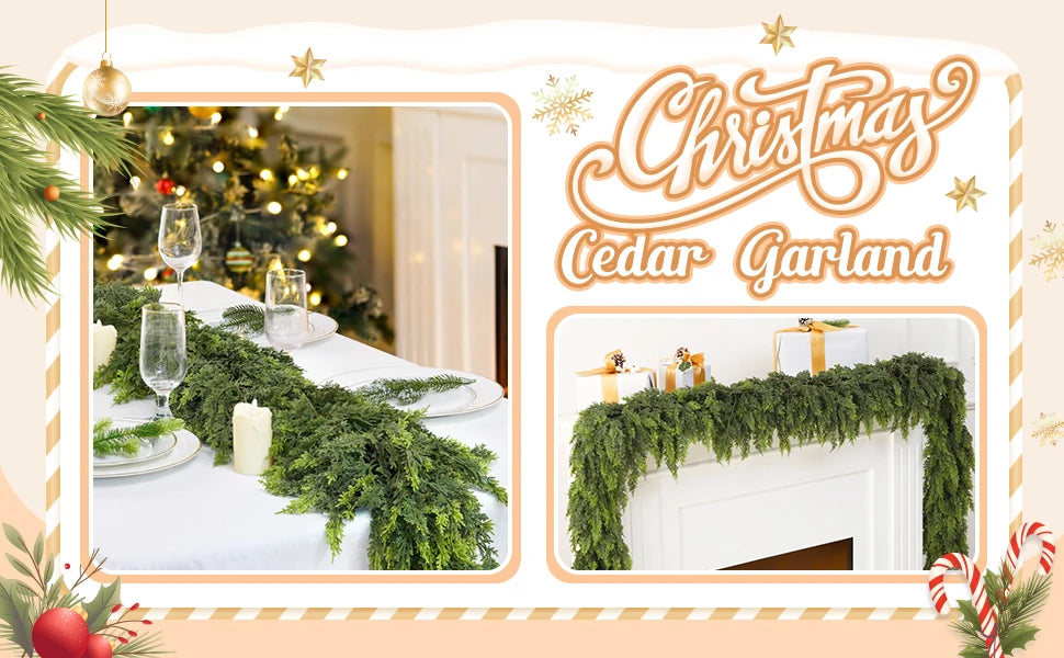 6ft Christmas Cedar Garland Artificial Green Cedar Garland Faux Cedar Pine Garland for Home Fireplace Indoor Outdoor Party Decor