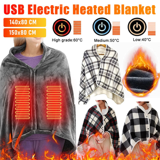USB Electric Heated Blanket 3 Heating Levels Fleece Heated Blanket Wearable Heating Lap Blanket for Household and Office