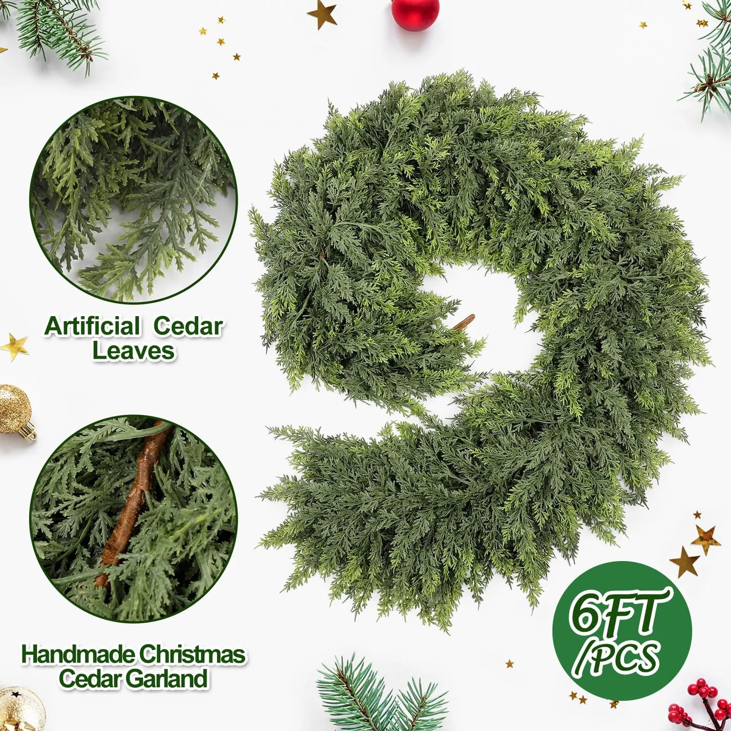 6ft Christmas Cedar Garland Artificial Green Cedar Garland Faux Cedar Pine Garland for Home Fireplace Indoor Outdoor Party Decor