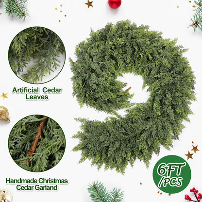 6ft Christmas Cedar Garland Artificial Green Cedar Garland Faux Cedar Pine Garland for Home Fireplace Indoor Outdoor Party Decor