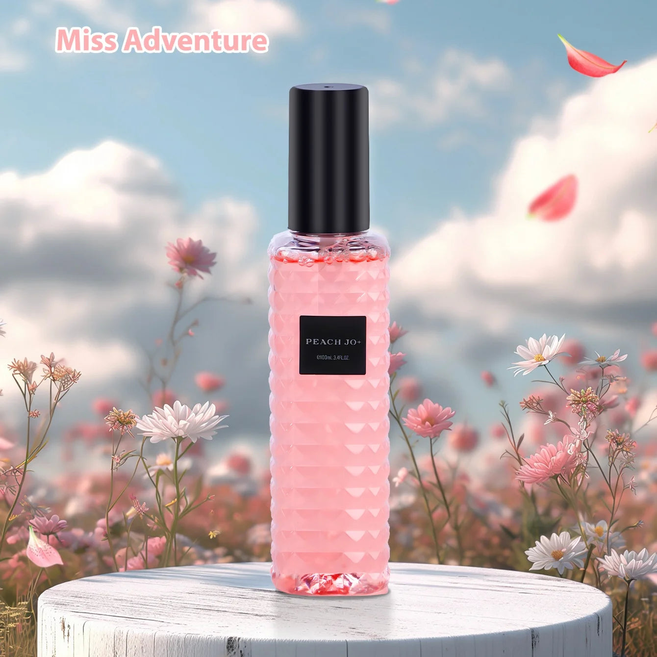 Pink bottle with black cap on a wooden platform against a floral background with 'Miss Adventure' branding.