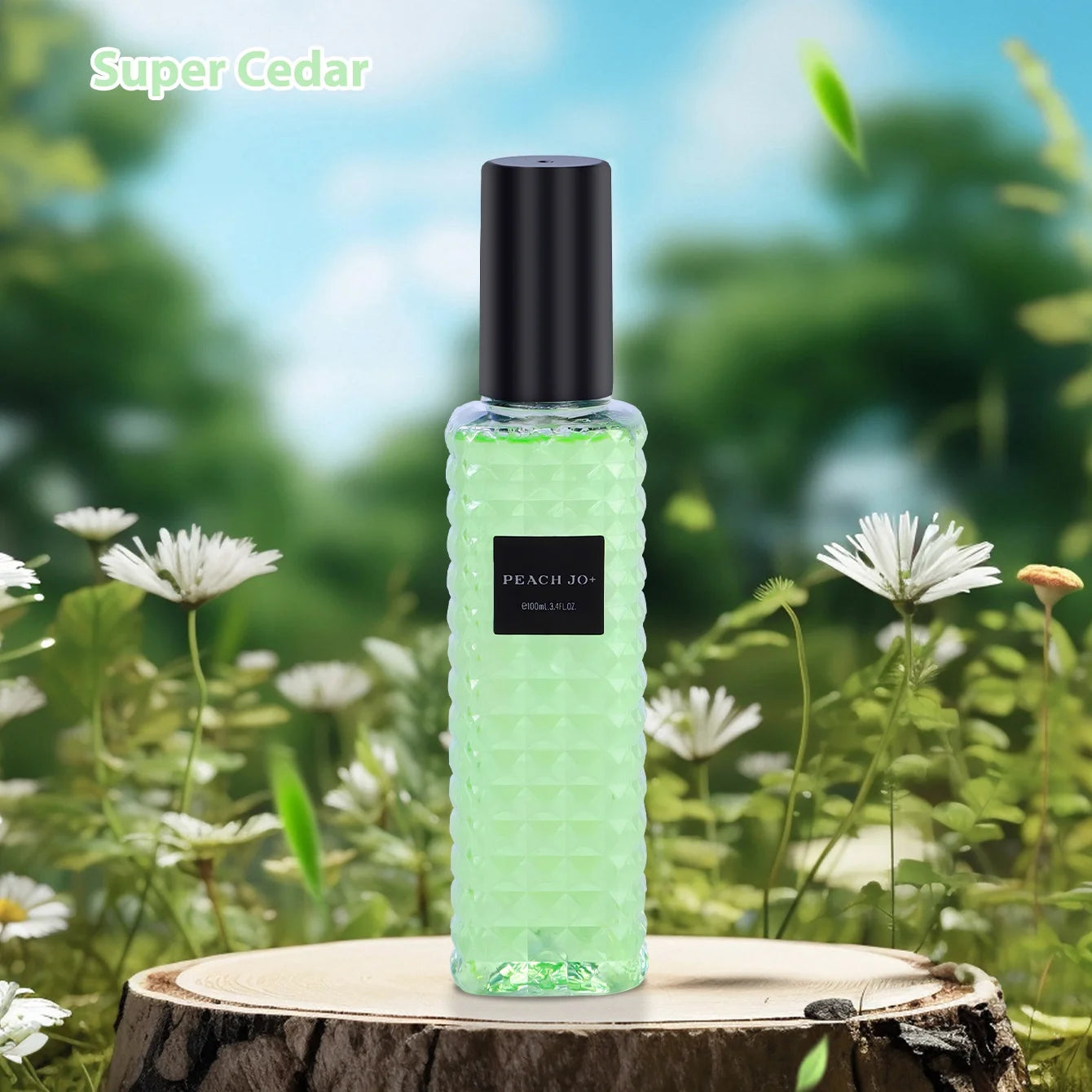 Green bottle with black cap on a wooden stump against a natural background with flowers and trees.