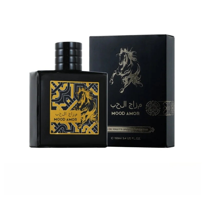Black perfume bottle and packaging with horse design on a white background