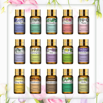 PHATOIL 15pcs Aromatherapy Essential Oil Set For Diffuser Candle Making-5ml Vanilla Frankincense Bergamot Sandalwood Cedarwood