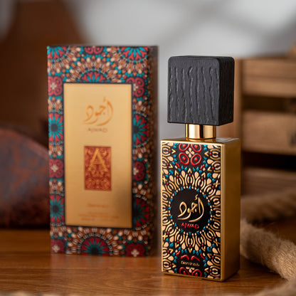 Decorative perfume bottle and box with intricate designs on a wooden surface.