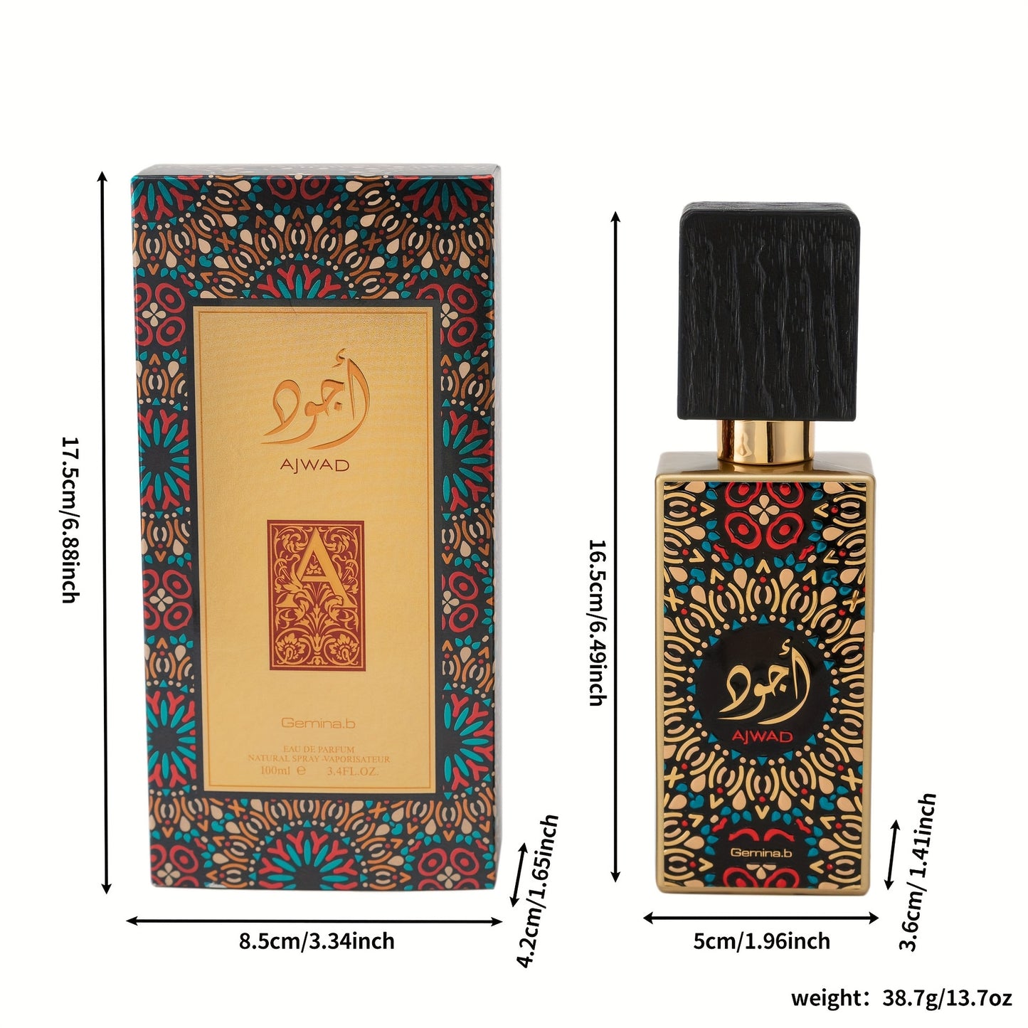 Perfume bottle and packaging with decorative patterns and measurements on a white background